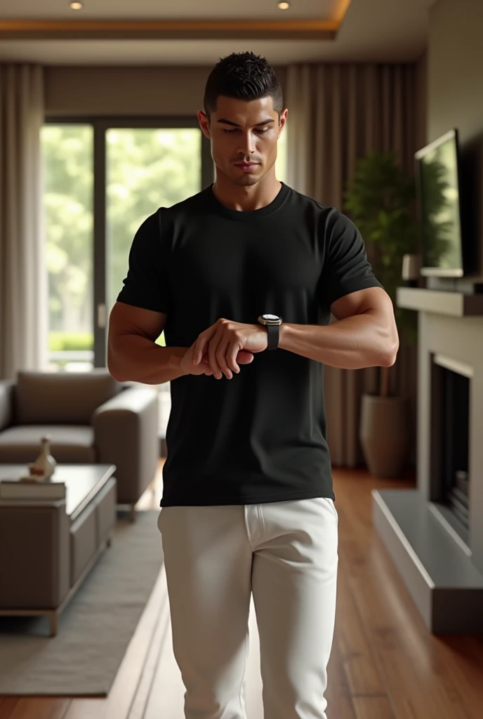 Ronaldo looking his watch with walking argently in home.He weard black tshirt and blank pants. One hand is normal position