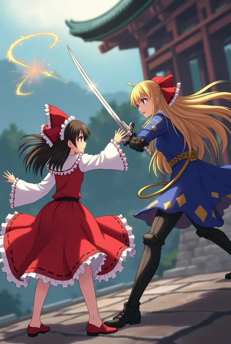 Reimu Hakurei from Touhou Project and Saber from the Fate series fight,  Reimu blows an amulet in the air and blocks the saber with a sword , The angle composition is inclined


