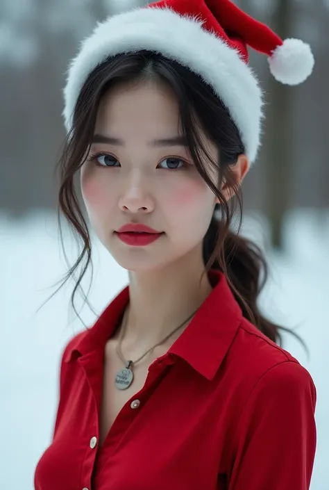 a beautiful 18 years old thailand girl standing in winter wearing a silk royal red plain polo with nicklace name harley quinn. with christmas hat in her head