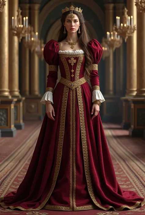 (photorealism:1.2), A full body image of a regal european queen, brunette, and shes wearing a royal floor length maroon medieval gown with puffy sleeves on the upper shoulders which narrows into long slim sleeves from the elbow and extends to the wrists, a...