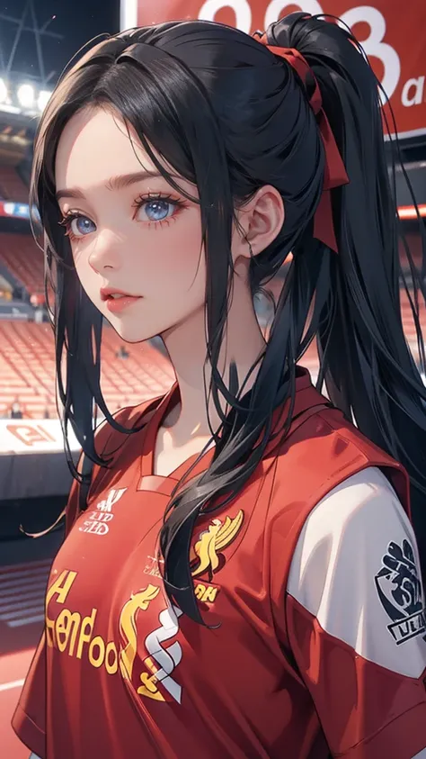 1 girl, Long ponytail black hair, (wearing Liverpool FC jersey), Stadium