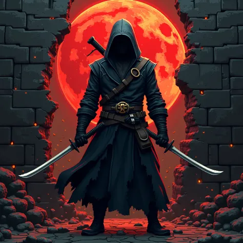 Un mur de pixels dissous en dégradé de noir et or représentant un assassin&#39;tête & torse，Blocs de voxels 3D，Une structure qui commence intacte mais se désintègre progressivement dans lair，Lassassin est équipé de deux katanas. La lumière dune lune rouge ...