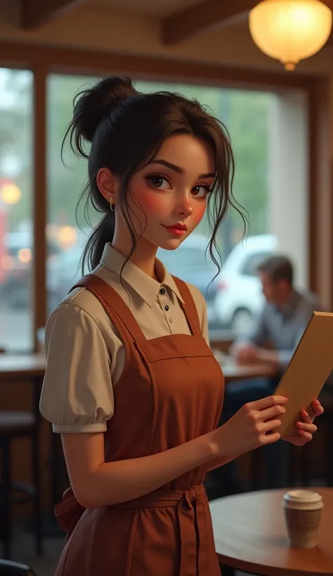 Specie:** A 20 year old young woman  

**Appearance:** Heart-shaped face with slightly arched eyebrows and a focused gaze; loose strands of hair framing her face  
**Clothing:** A café uniform with a clean apron tied around her waist  
**Expressions:** Pol...