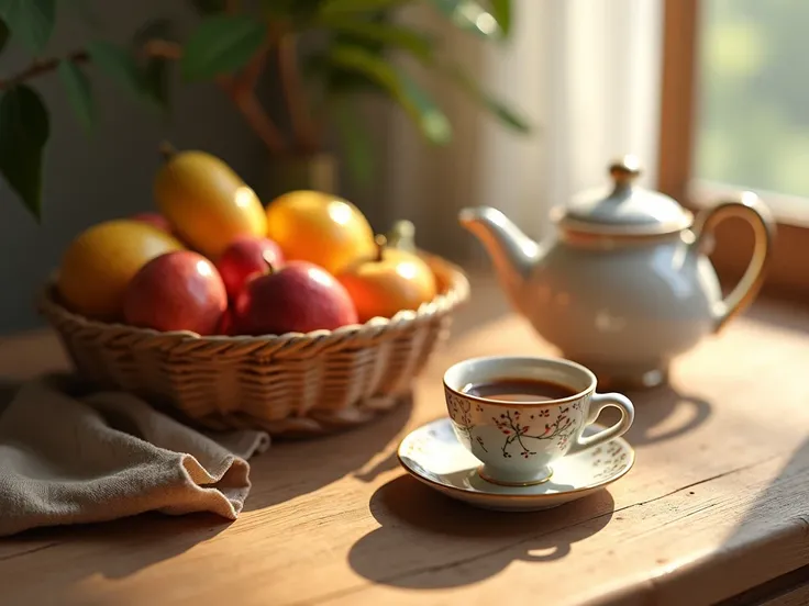 A small cup of coffee is placed on the right side of the table, surrounded by fruit in a basket and a pot of tea