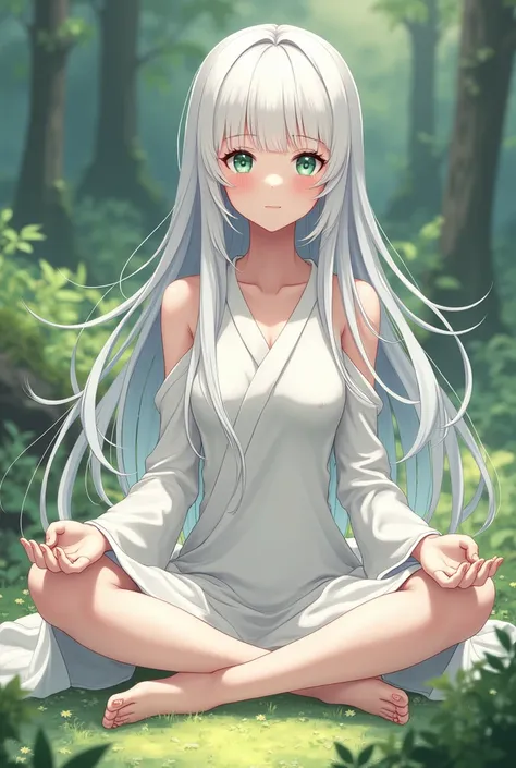 Anime girl barefoot each foot has 5 toes in the pose of lord with long white dress and long also white hair she looking with determination but with lovely eyes and in the nature 4k quality