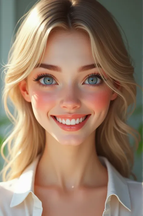 Draw a very intelligent successful girl with dolqun pink lips dolqun cheeks with a very nice smile with a yuzu bump with white teeth with a small nose with blonde blue eyes 