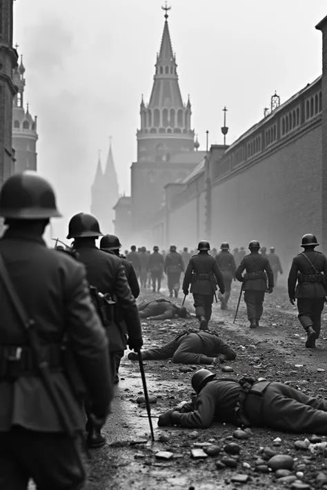 World War II. Moscow in ruins. Kremlin wall in the background. Dead Soviet soldiers on the ground. German soldiers marching towards the Kremlin wall