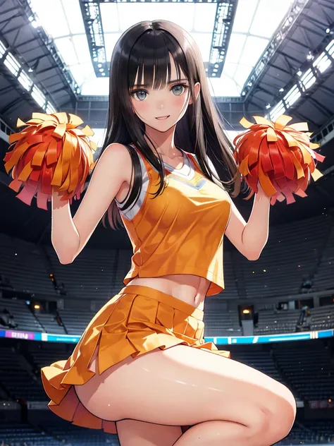  very cute and beautiful cheerleader girl,(    very detailed美しい顔),( With pom-poms:1.12),(smile),
(Stadium Stand), cowboy shooting,    dynamic pose    ,    white panties,(    orange sleeveless shirt    ),     orange skirt   ,   しっぽのある beautiful feet  ,    b...