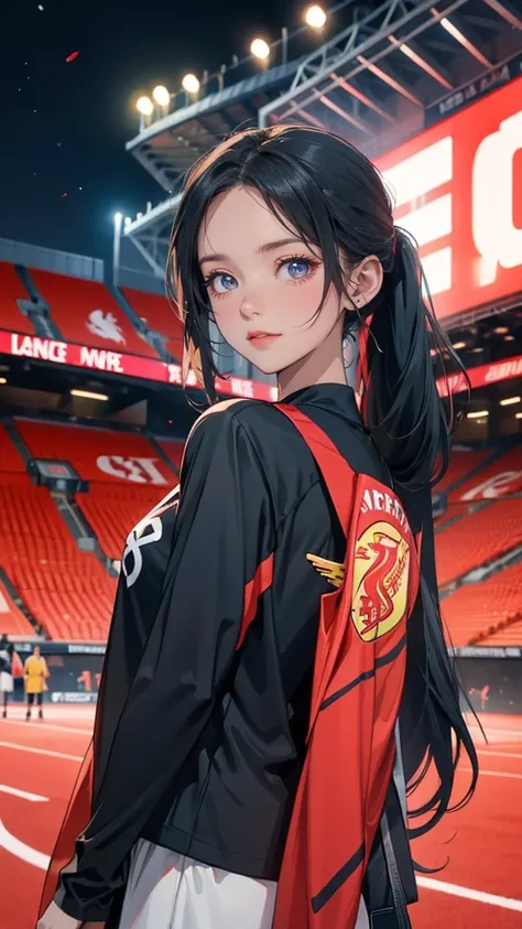 1 girl, Long ponytail black hair, (wearing Liverpool FC jersey), Stadium