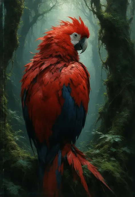 Macaw with red hair and hairy ass in the forest, a digital painting by Daarken, CGSociety contest winner, hairy art, very very beautiful hairy art, Through the detailed dramatic cinematic ,   furry Fantasy Art  , Loish e Wlop,  anthropological art , hairy ...