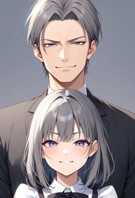 One man&#39;s daughter、 medium hair、 dark grey hair、smug face、Confident expression