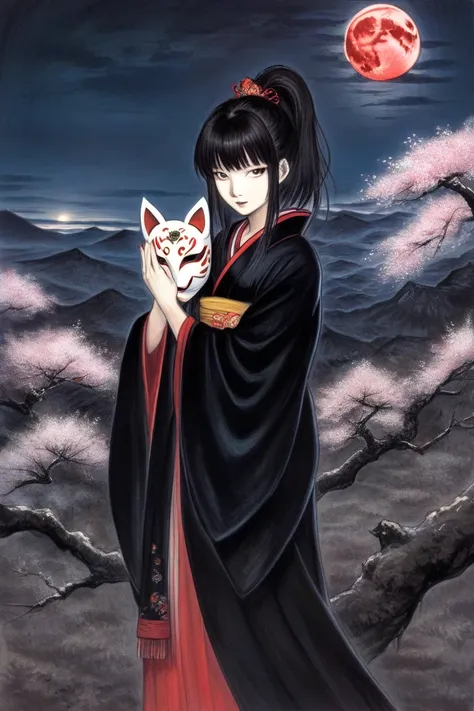 by Yoshitaka Amano, (Broad lighting),  low key lighting , Picturesque, dark(  fantasy art, (Yoshitaka Amano)), (Full-length portrait of a woman,手に狐のお面を持つ, suzuka nakamoto xl,  black ponytail hair with a fox mask on her hand), Night grassland background, (R...