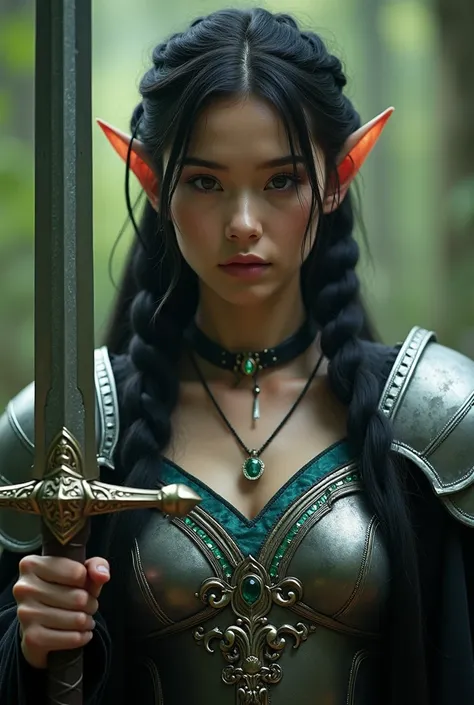 Photo of a black-haired young female queen similar to the heroine of Lord of the Rings, 35 years old, fair skin and plump, small waist, large chest and hips, very sexy ((Human ears: 1.5)), Forest Elf in Holding a holy iron sword, the sword is upright, with...