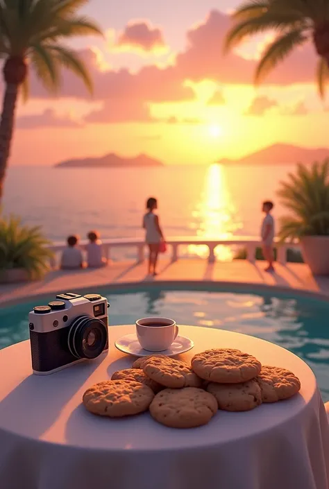 Dans le fond il y a un coup de Soleil à la mer sur une table de terrasse il y a des cookies et un appareil photo Et au loin Il y a des enfants