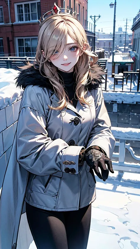 rosalina, hair over one eye, crown, winter clothes, winter coat, black leggings, looking at viewer, gloves, smile, happy, parted lips, outdoors, winter, snow, snowing, town, cowboy shot,

 (masterpiece:1.2), (best quality:1.2), (very aesthetic:1.2), (absur...