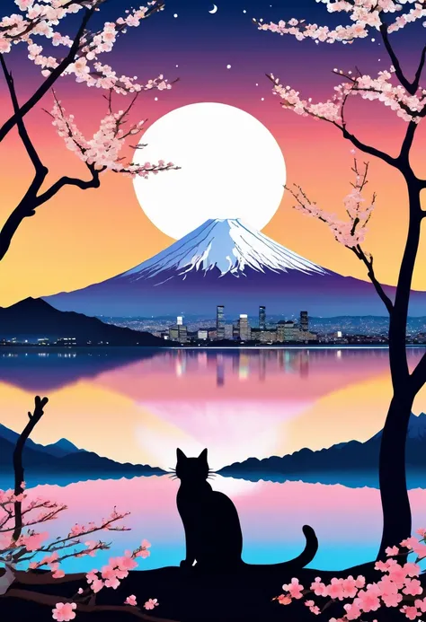 High quality, beautiful and fantastically designed full moon, Mt. Fuji, colorful cherry blossom trees and a beautiful cat silhouette. Gravitational waves, beautifully designed wavelengths, very weak vibrations caused by natural fluctuations, wave nature, v...