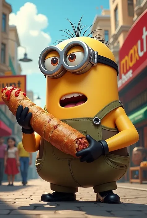  yellow minion with big muscles selling shawarma, and next to it is a sign with the words maxuta  