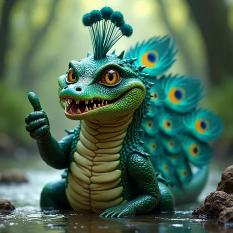 A crocodile fused with a green peacock, shimmering iridescent feathers and sharp teeth visible, giving a proud thumbs-up in a river setting