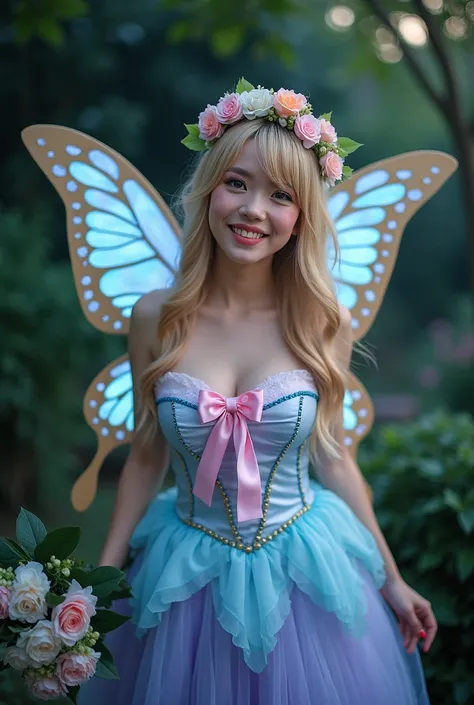 Birds view a cosplay photograph of a woman dressed as a fairy beautiful eyes,smiling. She is wearing a beautiful, elaborate costume with a blue and purple layered skirt, a white bodice with a pink bow, and large, iridescent butterfly wings. Her hair is sty...