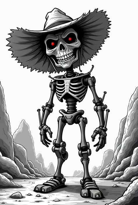 Evil Terminator with a Straw Hat, black white cartoon 