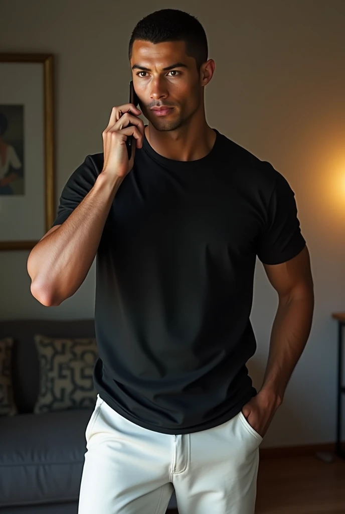 Ronaldo calling with standing in home.He weard black tshirt and white pants.