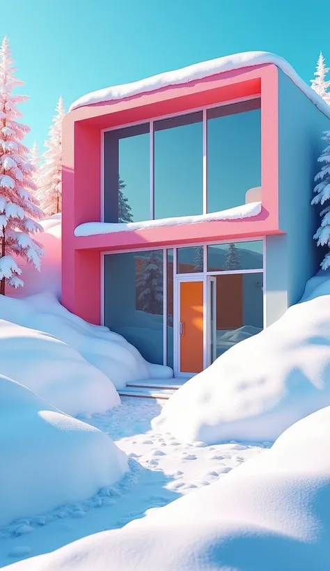 winter,  two-story office , snowdrifts all around ,  office door is seen by snow,  brightly colorful 3d 