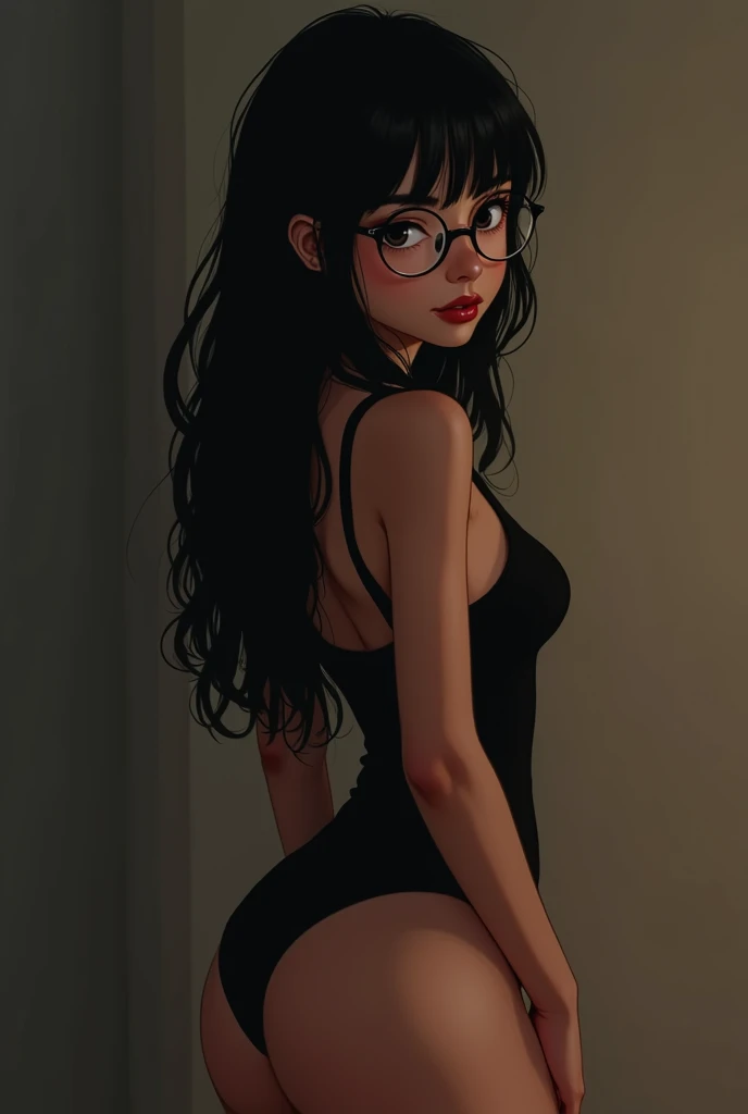 girl, 17-year-old ,  with round glasses ,  in a one-piece tight swimsuit,  middle chest, red lips, in the room, Back view,  bent forward,  looking at camera, 