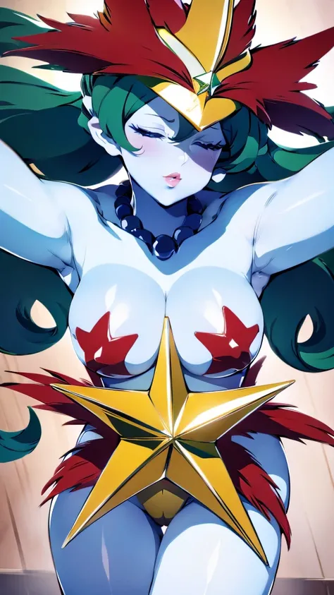 (masterpiece,best quality,ultra-delicate,Pすerfect Face,16k,high resolution,very beautiful girl),green hair ,huge gold five-pointed star shape ornament in front of the crotch:2.0, large Breasts ,pale blue skin,red five-pointed star shape nipple cover, yello...