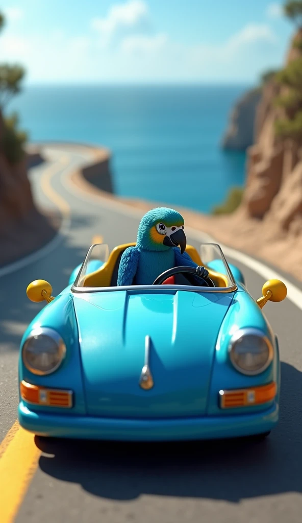 8.	"A miniature blue macaw ,  With its vibrant wings ,  sitting behind the wheel of a sky blue Hot Wheels convertible car with yellow accents.  The car follows a curvy road on a cliff ,  with the deep blue sea reflecting the sky ."