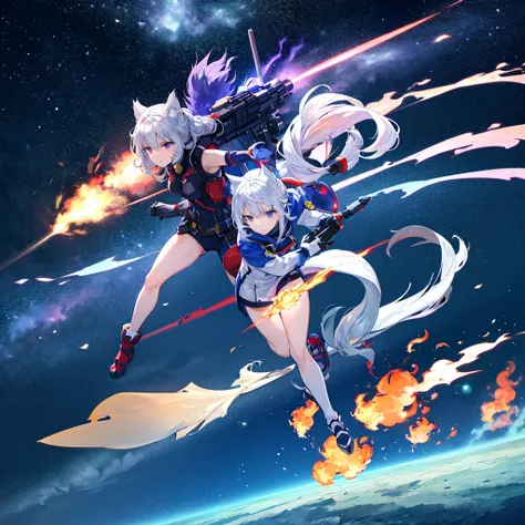 masterpiece, best quality, absurdres,(),BREAK,A flame-clad wolf-shaped mecha mobile particle cannon. It is traveling while spreading flames. A female sniper with silver hair aims the cannon. A blue-violet plasma energy projectile is ejected from the cannon...