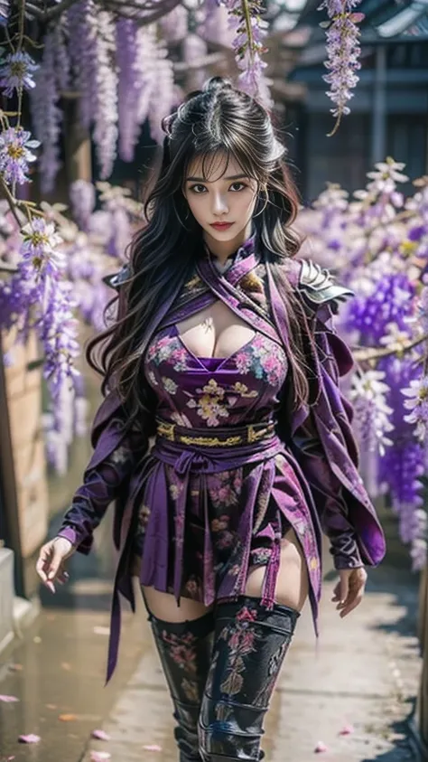  a sexy female character wearing armor as a warrior from the Sengoku period 、((twintails, spiral curls hair))、((onyx black hair))、((toned body))、(glistening skin)、 toned body、((mega breasts 1.8))、 plump breasts 、 plump thighs 、 Purple armor with wisteria p...