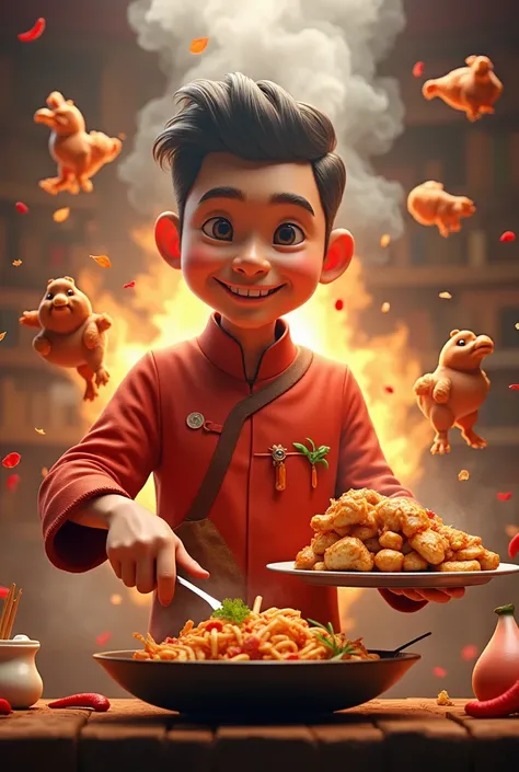 Create a hyperrealistic 3D logo, An Indonesian man is cooking while holding a plate of chicken, add dynamic flying effects around it, like chicken,cow,bean sprouts,my,say,onion,and chili, the background should be full of energy, feature elements like fire ...