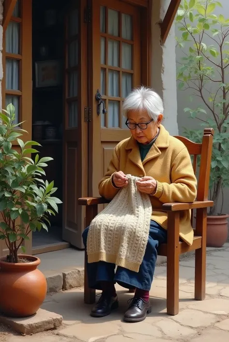 Scraper clear oil painting style. A grandmother in Taiwan is sitting on a chair and concentrating on knitting a sweater. Dressed in thick clothes and wearing glasses, she quietly sits on a wooden chair knitting a sweater. She looks focused and calm, giving...