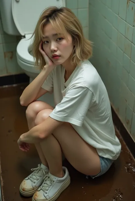  angle from butt,whole body, Surrounded by Multiple Male Fans with Smartphones ,dark and dirty bathroom ,Large amounts of stool,Brown liquid,dirty vinyl sheet over bathroom,Butt dirty with poop , sitting on the bathroom floor , 21-year-old Japanese Woman T...