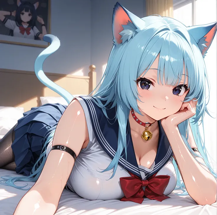 1girl,solo,gleaming skin,shiny skin,natural smile,pastel blue hair,long hair,blue cat ears,black eyes, red choker , Yellow bell on choker,beautifully shaped breasts,cat girl, fine fabric emphasis,school uniform, blue gothic punk,blue skirt ,head rest,lying...