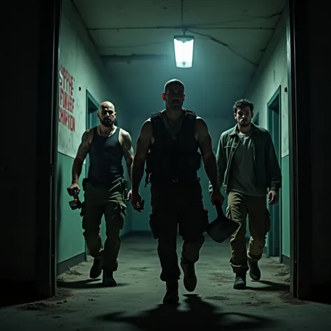  Three men entering an abandoned police station in the dark .  In the front and in the middle the first man is 42 years old bald and mustache , strong body,  tattoos neck and right arm ,  wearing functional clothing with a vest ,  armed with a lumberjack a...