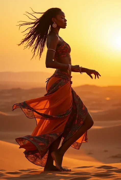 An African woman,  with vibrant clothing and traditional props , dancing sensually in a hot desert , with the sun rising in the background."   - Combines sensuality with natural elements.