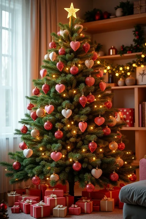 Christmas tree , decorated with sweet hearts