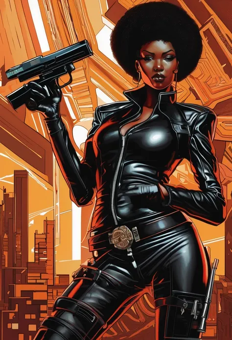 Art vectoriel, a close up of a femme noire in a black leather outfit holding a gun, Art vectoriel by Mark Brooks, tendance sur la société cg, Afrofuturisme, afro, femme noire, Afrofuturiste