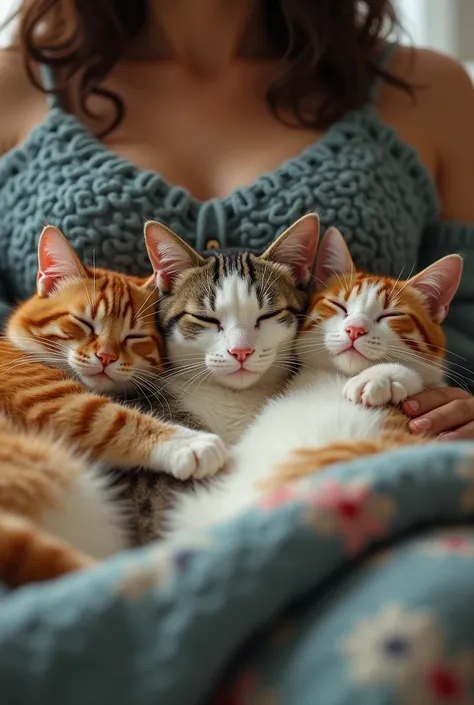 Trois chats très fatigués après une course poursuite dans la maison.ce reposant sur les 
jambes  de leur maîtresse sur une belle couverture 