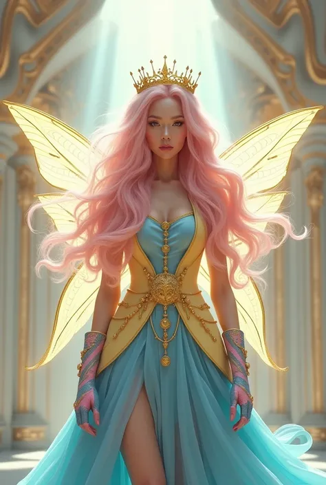 Empress of Light , Pastel pink hair, fairy wings,  light yellow leather , yellow tiara ,  blue dress with pink and blue gloves.