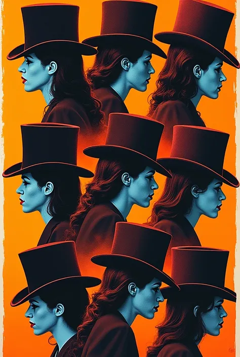 A repeated pop art graphic pattern with top hats that illustrate patriarchy and the woman is hidden