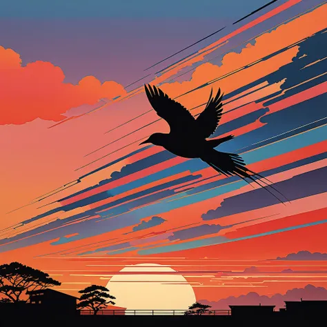 (a beautiful flying bird silhouette,bird flying against the sunset,detailed bird anatomy,dramatic sky,warm colors, detailed), Artwork made by Hiroshi Nagai, Album cover, shadow minimalism, pop art