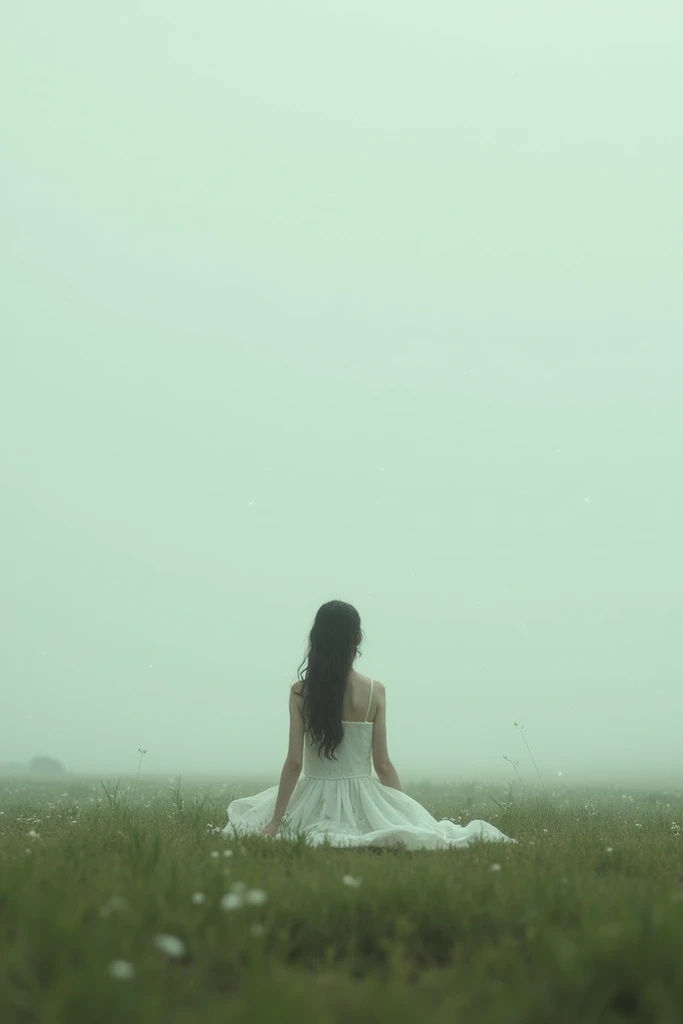 A girl sitting in the middle of nowhere in a white dress and cloudy rain