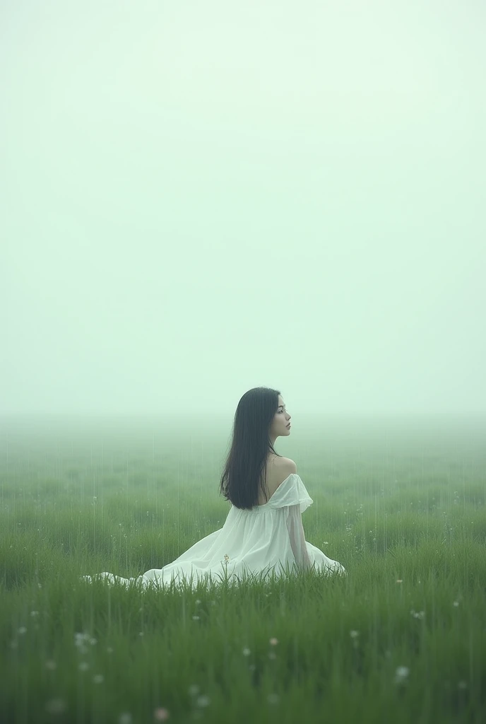 A girl sitting in the middle of nowhere in a white dress and cloudy rain