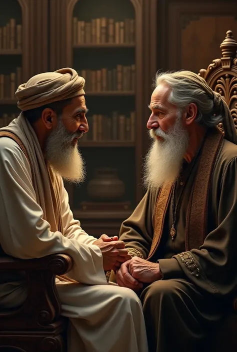 A vintage Muslim man speaking with a Jewish old man