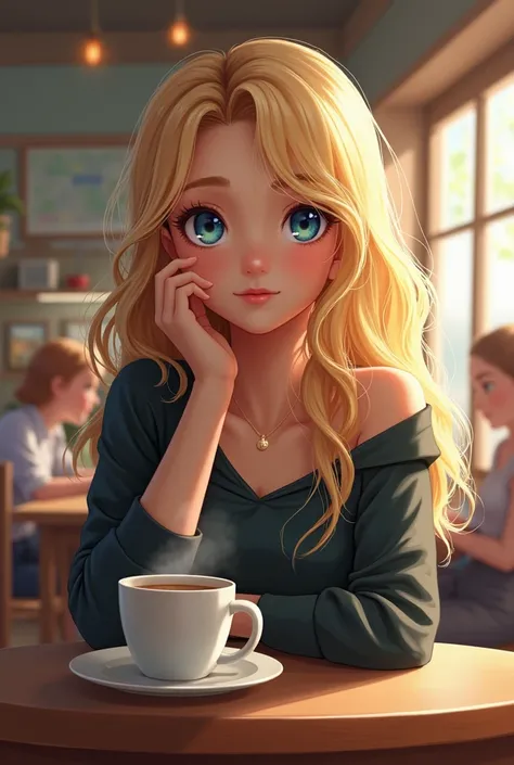  Change eye color to blue,  hair color on blonde, cafe background 