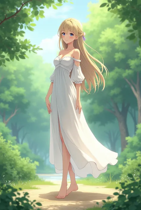 Anime girl barefoot each foot has 5 toes, standing in the pose of lord and 21 years old. Wearing long white wonderful expensive dress. she looking with lovers EYES . She SMILE sincerely. She in the nature 4k quality