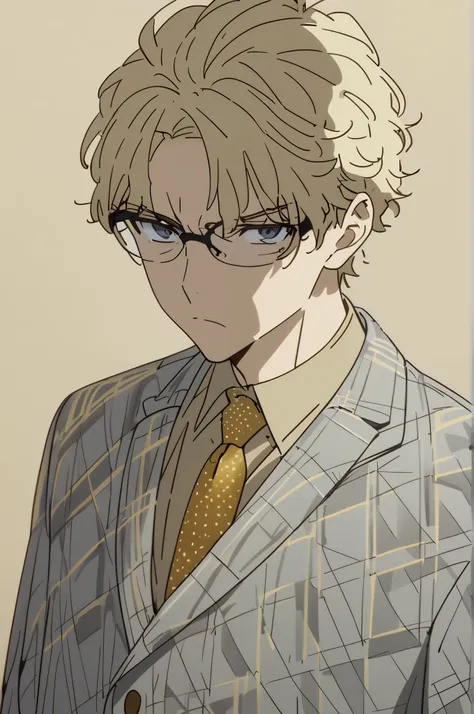 Alone , A handsome young man alone , adult,  masterpieces ,  Anatomically Correct ,  blonde hair ,  with glasses,  wearing a blue suit, a yellow tie with black dots all over the pattern ,  wearing a light brown coat, long jeans of the same color as the coa...