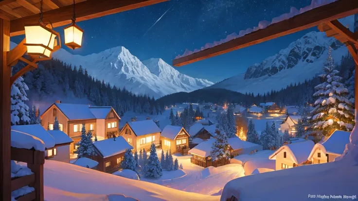  best image quality,  Christmas, Scenery from 3rd floor window ,  small village surrounded by mountains, A bustling village, Holy Night, Shining Star々, Happy family with s, Falling snow,